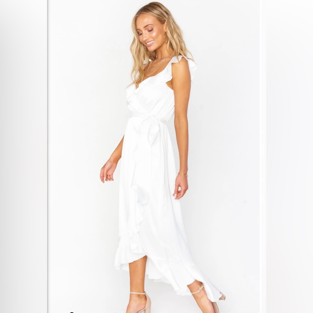 Show me your mumu Samantha ruffle wrap dress Ivory luxe satin